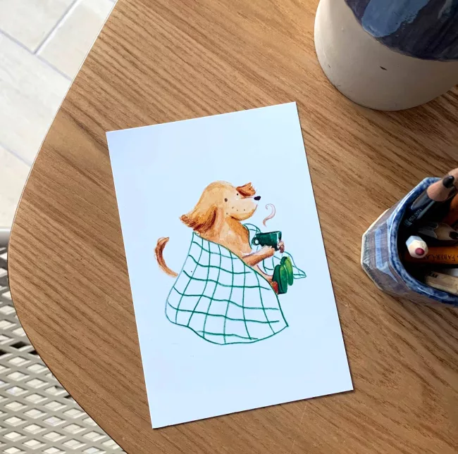 carte-postale-chien-plaid-pantoufles